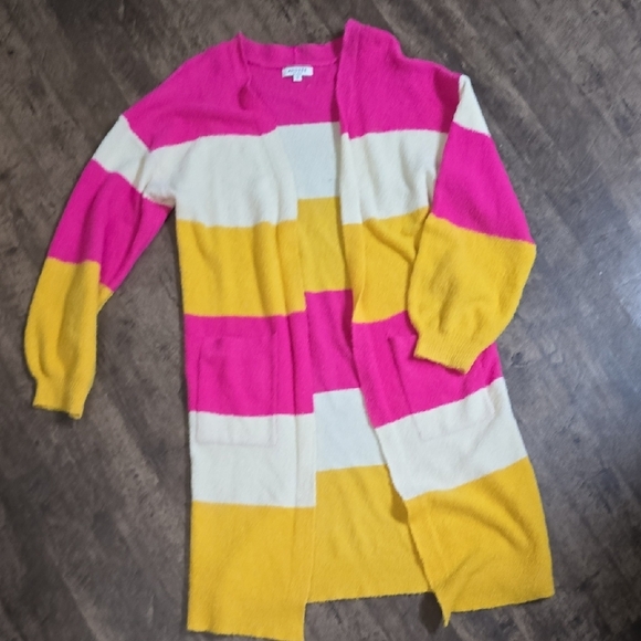 ANDREE BY UNIT Women's S Pink & Yellow Color Block Cardigan Sweater Long - Picture 1 of 7